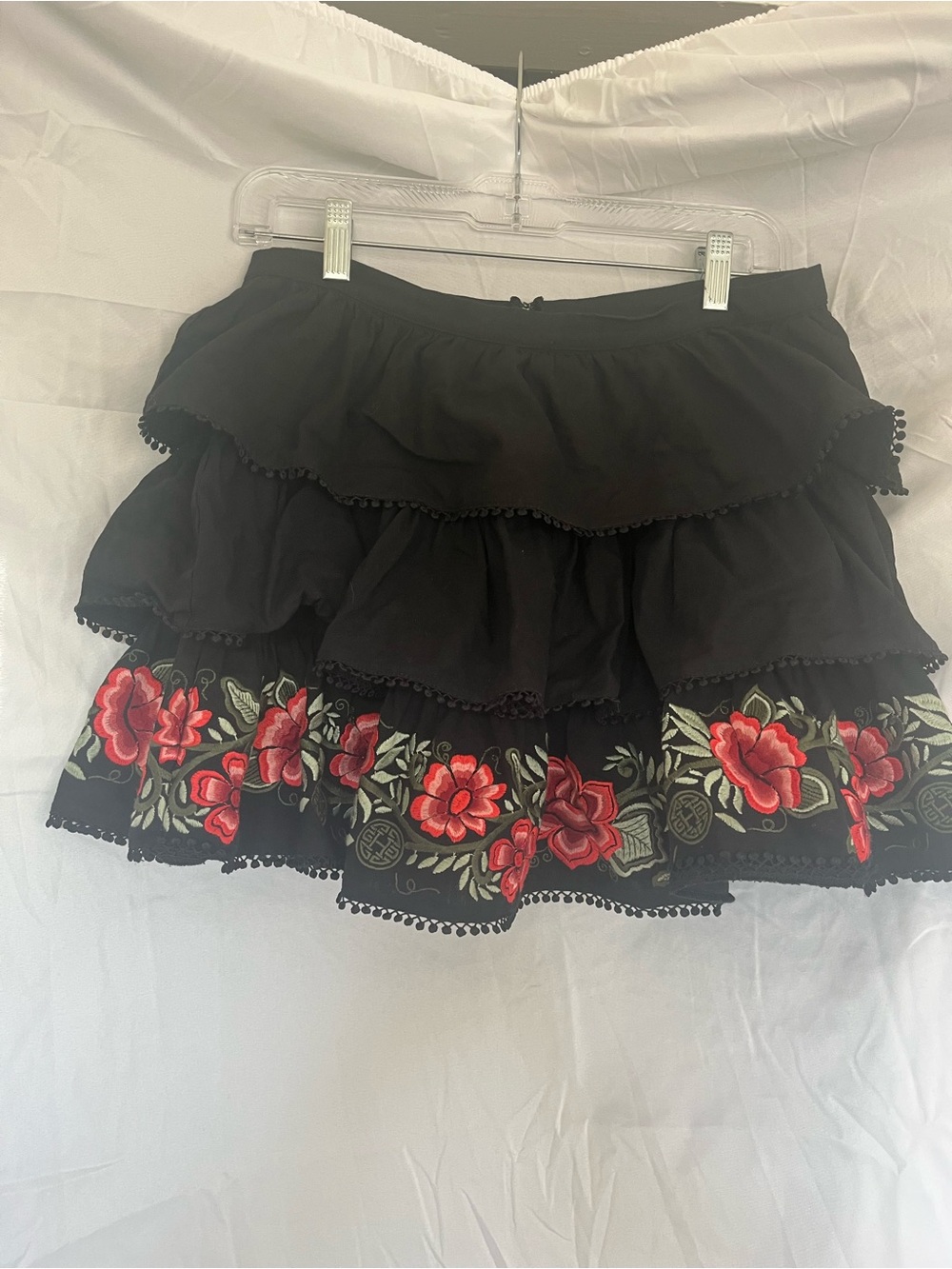 Black Tiered Mini Skirt w/ Red Floral Embroidery Size M Herencia Collection